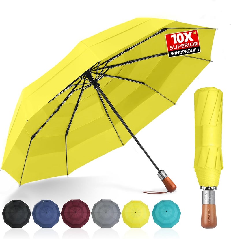 MasterUmbrella 3-Layer Vented Canopy Windproof Commuter Umbrella for Rain, Auto Open/Close, 10 Fiberglass Ribs, Wooden Handle, 13" Folded, 47" Large Coverage for 1–2 People, Lifetime Replacement - Image 1